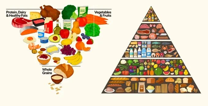 The New Food Pyramid: Why It’s Time to Flip the Script on Nutrition 1 Illustration of a new food pyramid emphasizing protein, vegetables, healthy fats, fruits, and processed foods with corresponding food images.